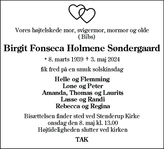 Dødsannonce for Birgit Fonseca Holmene Søndergaard
