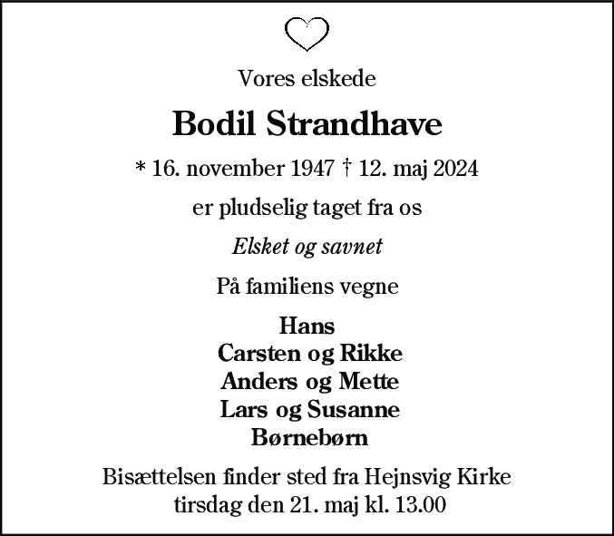 Dødsannonce for Bodil Strandhave