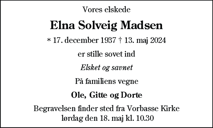 Dødsannonce for Elna Solveig Madsen
