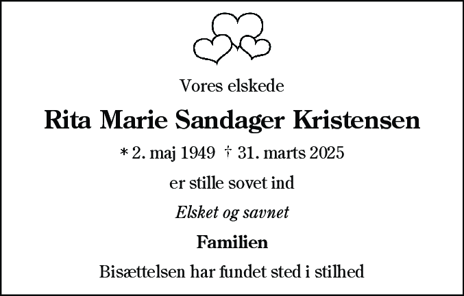 Dødsannonce for Rita Marie Sandager Kristensen