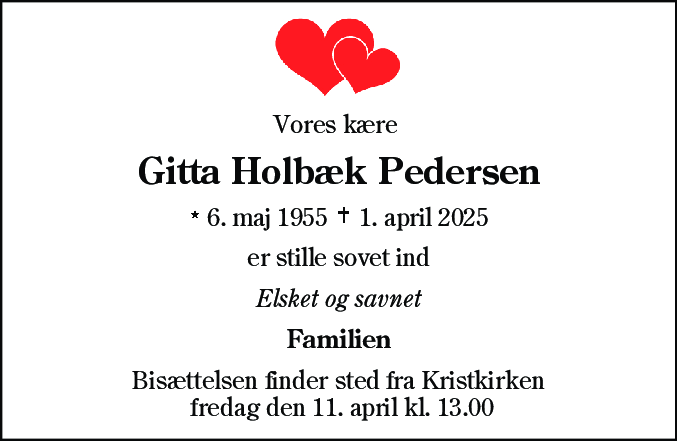 Dødsannonce for Gitta Holbæk Pedersen
