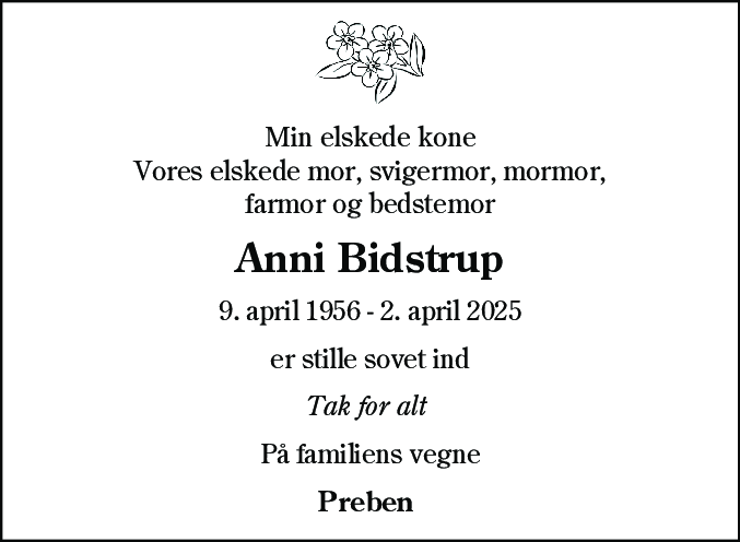 Dødsannonce for Anni Bidstrup
