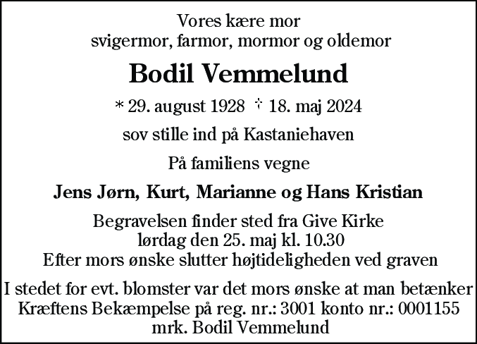 Dødsannonce for Bodil Margrethe Vemmelund