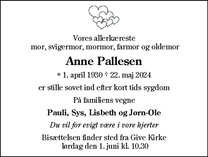 Dødsannonce for Anne Kristine Pallesen