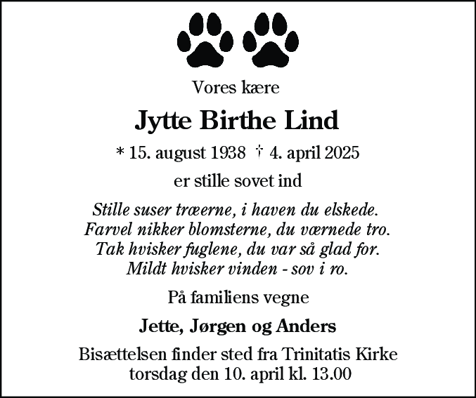 Dødsannonce for Jytte Birthe Lind