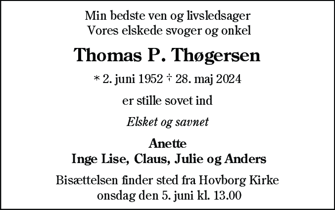 Dødsannonce for Thomas P. Thøgersen