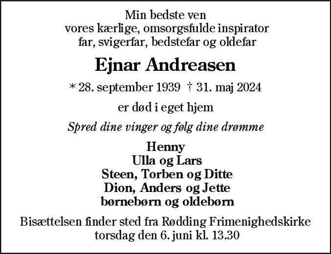Dødsannonce for Ejnar Andreasen