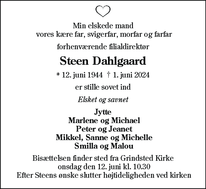 Dødsannonce for Steen Dahlgaard