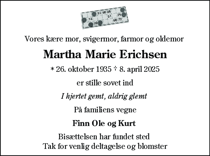 Dødsannonce for Martha Marie Erichsen