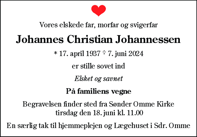Dødsannonce for Johannes Christian Johannessen