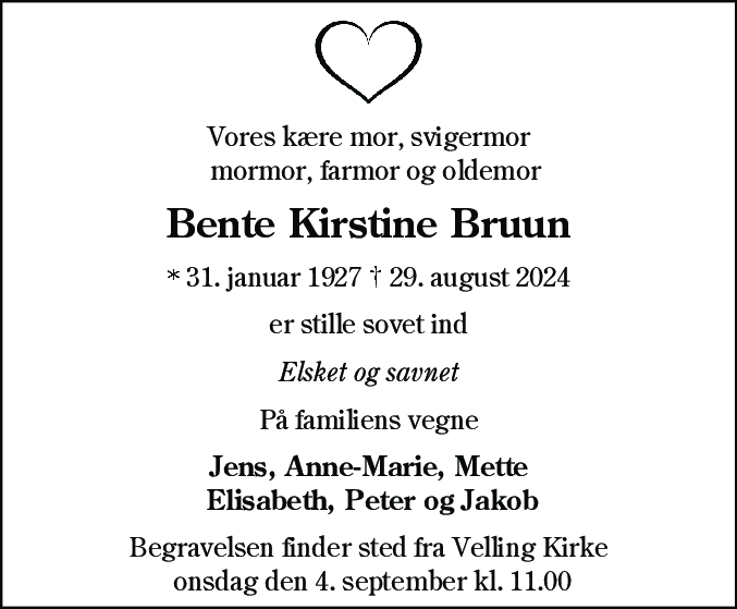 Dødsannonce for Bente Kirstine Bruun
