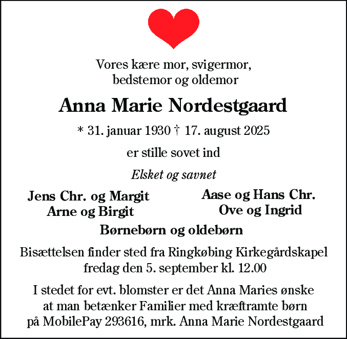 Dødsannonce for Anna Marie Nordestgaard