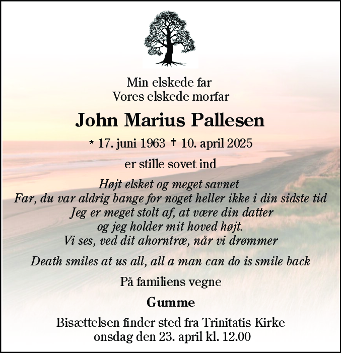 Dødsannonce for John Marius Pallesen