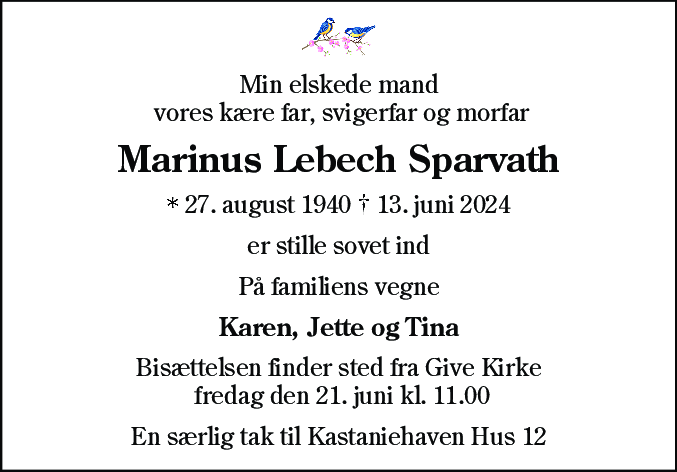 Dødsannonce for Marinus Lebech Sparvath