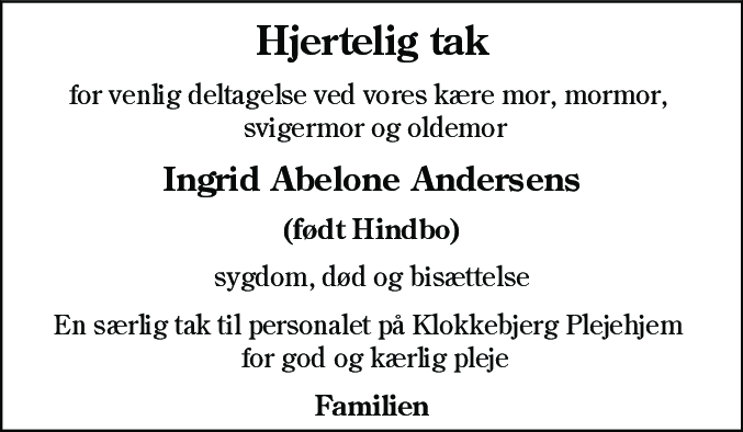 Dødsannonce for Ingrid Abelone Andersen