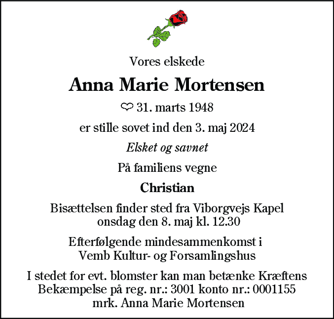 Dødsannonce for Anna Marie Mortensen