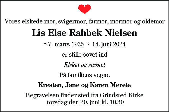 Dødsannonce for Lis Else Rahbek Nielsen