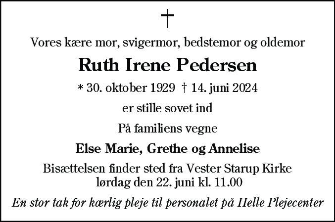 Dødsannonce for Ruth Irene Pedersen