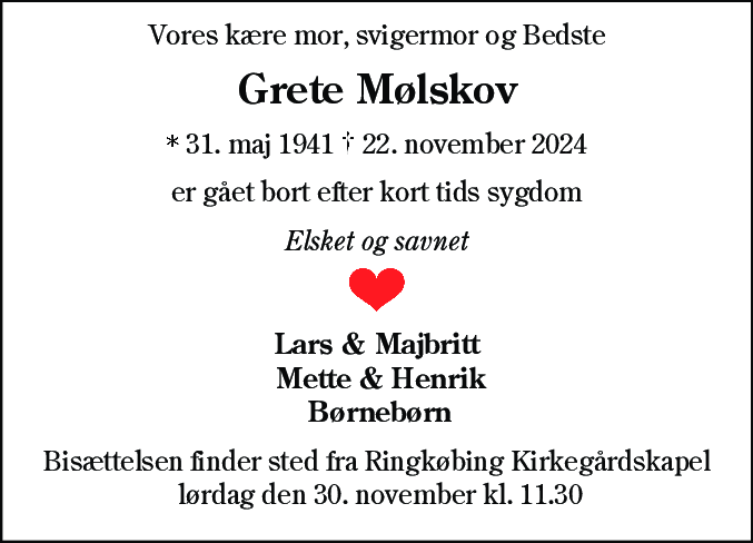 Dødsannonce for Grete Mølskov