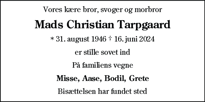 Dødsannonce for Mads Christian Tarpgaard