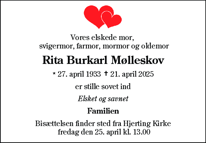 Dødsannonce for Rita Burkarl Mølleskov
