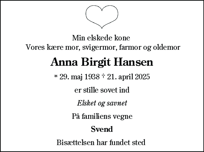 Dødsannonce for Anna Birgit Hansen