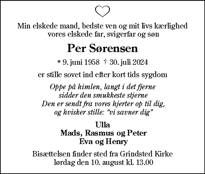 Dødsannonce for Per Sørensen