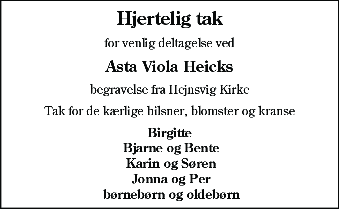 Dødsannonce for Asta Viola Heick