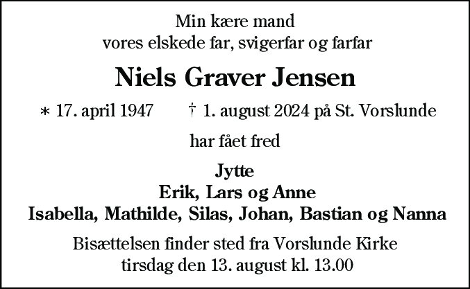 Dødsannonce for Niels Graver Jensen