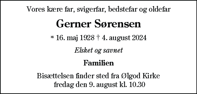 Dødsannonce for Gerner Sørensen