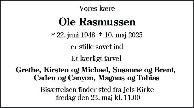 Dødsannonce for Ole Rasmussen