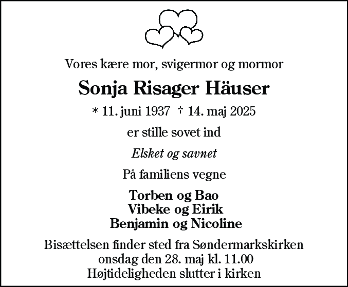 Dødsannonce for Sonja Risager Häuser