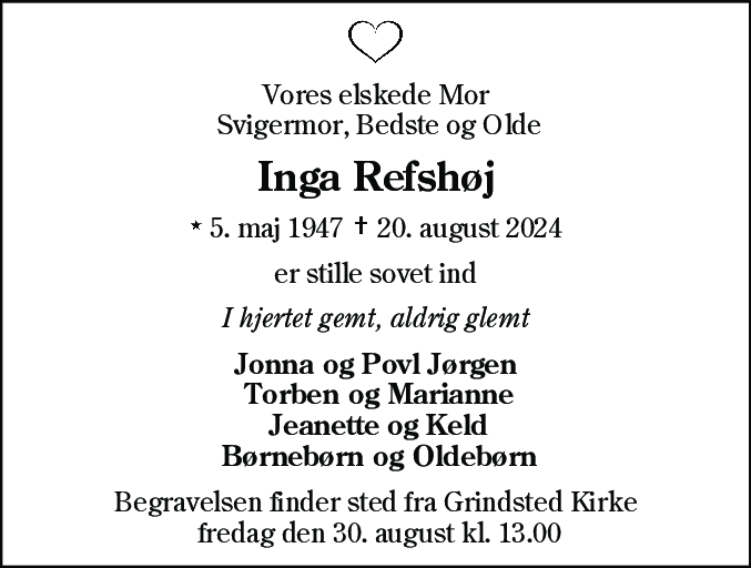 Dødsannonce for Inga Refshøj