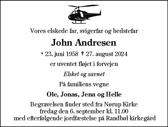Dødsannonce for John Andresen