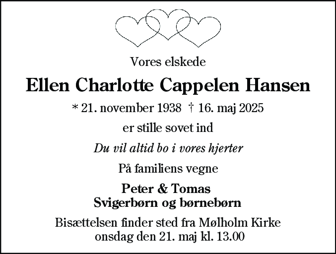 Dødsannonce for Ellen Charlotte Cappelen Hansen