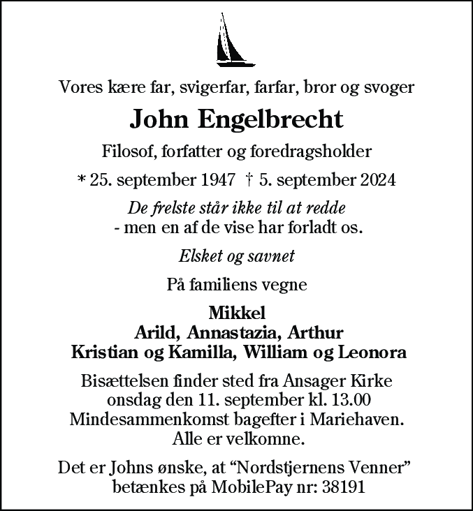 Dødsannonce for John Engelbrecht