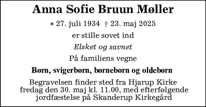 Dødsannonce for Anna Sofie Bruun Møller