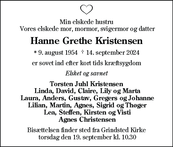 Dødsannonce for Hanne Grethe Kristensen