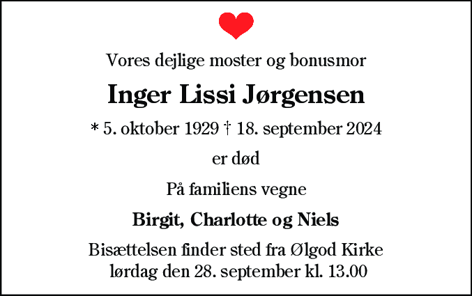 Dødsannonce for Inger Lissi Jørgensen