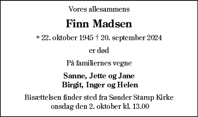 Dødsannonce for Finn Erik Madsen