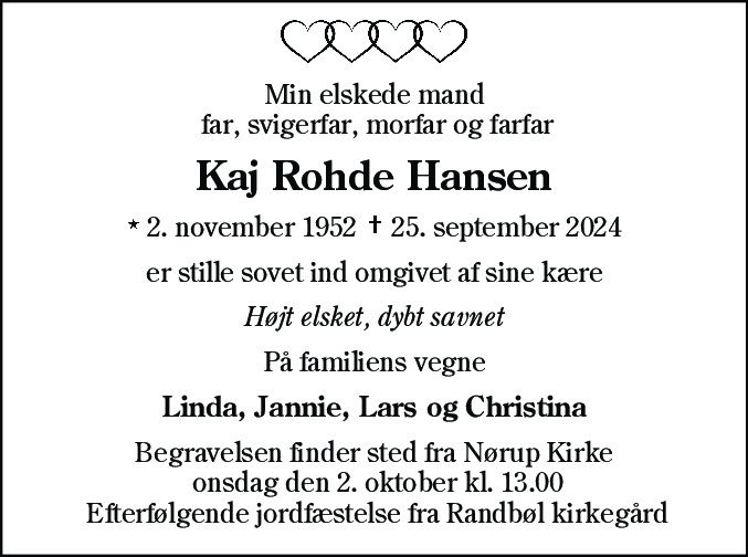 Dødsannonce for Kaj Rohde Hansen