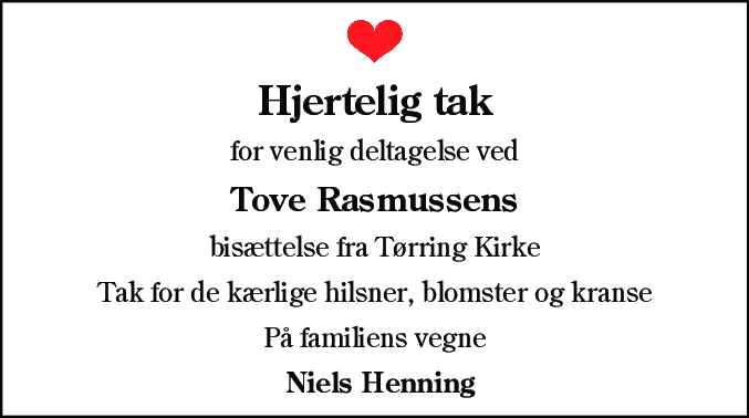 Dødsannonce for Tove Rasmussen