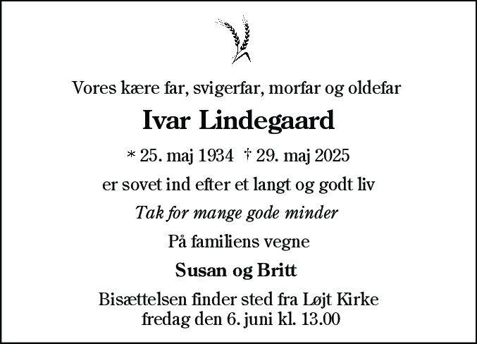 Dødsannonce for Ivar Lindegaard