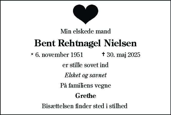 Dødsannonce for Bent Rehtnagel Nielsen