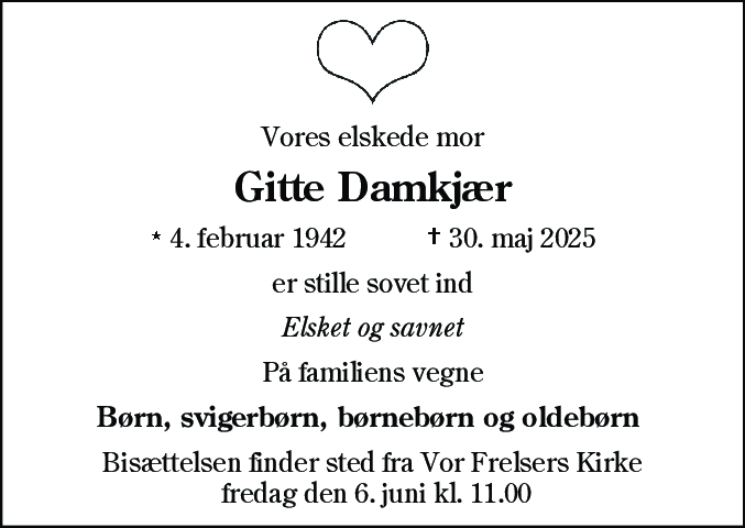 Dødsannonce for Gitte Damkjær