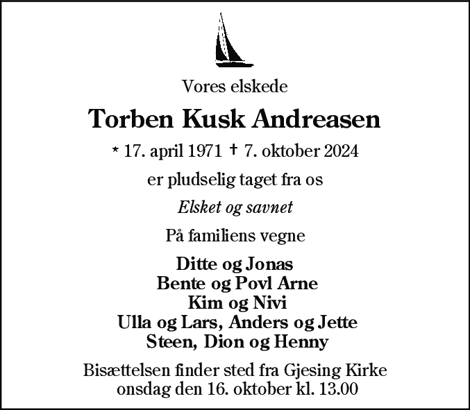 Dødsannonce for Torben Kusk Andreasen