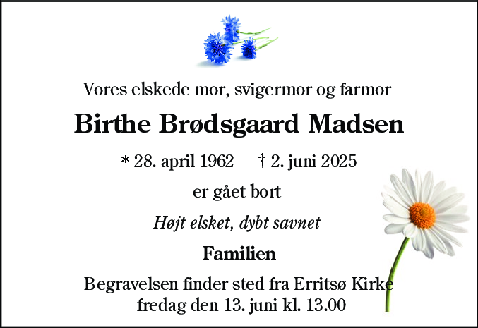 Dødsannonce for Birthe Brødsgaard Madsen
