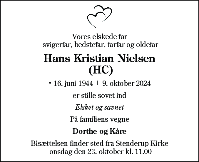 Dødsannonce for Hans Kristian Nielsen