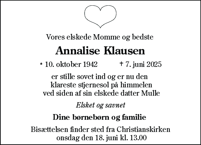Dødsannonce for Annalise Klausen