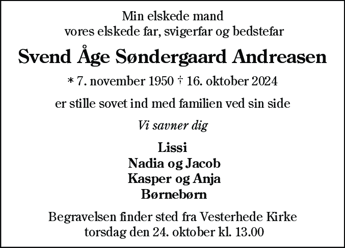Dødsannonce for Svend Åge Søndergård Andreasen